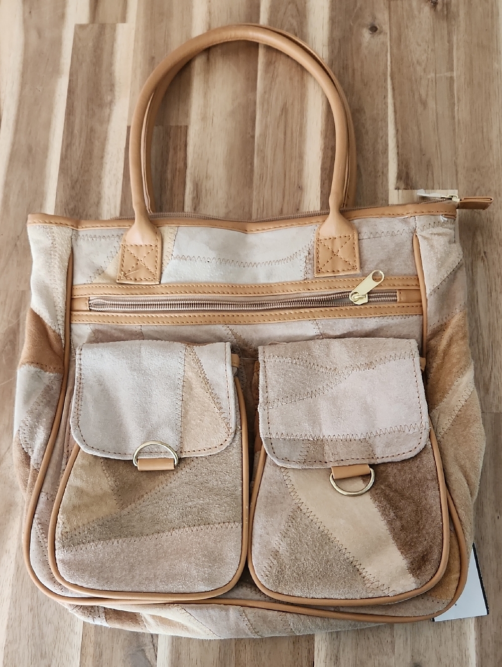 New Vintage Suede Patchwork Tote Bag in Beige-Tan